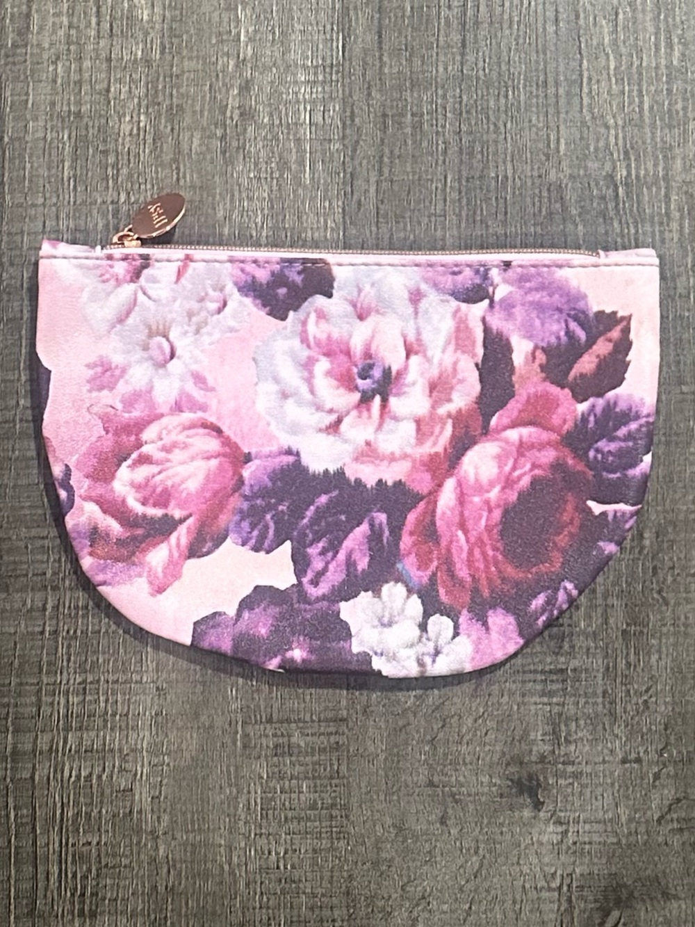 💞 New Pink & Purple Floral Ipsy Half Circle Zip Cosmetic Bag